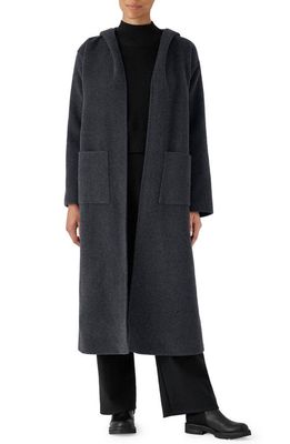 Eileen Fisher Open Front Hooded Wool Coat in Charcoal
