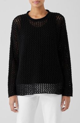 Eileen Fisher Open Stitch Crewneck Organic Cotton Sweater in Black