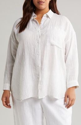 Eileen Fisher Organic Linen Button-Up Shirt in White/Bronze