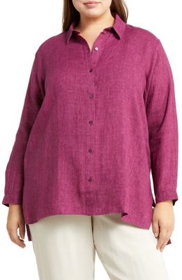 Eileen Fisher Organic Linen Long Sleeve Button-Up Shirt in Raspberry