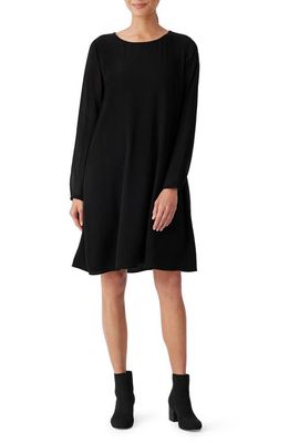 Eileen Fisher Sheer Long Sleeve Silk Georgette Dress in Black