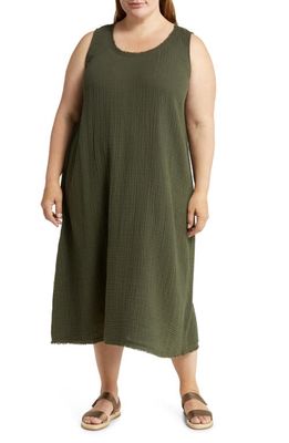 Eileen Fisher Sleeveless Organic Cotton Shift Midi Dress in Seaweed