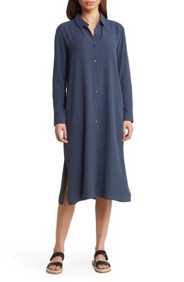 Eileen Fisher Spread Collar Long Sleeve Georgette Crepe Silk Shirtdress in Ocean