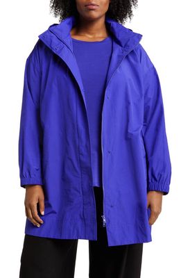 Eileen Fisher Stand Collar Hooded Longline Coat in Blue Violet