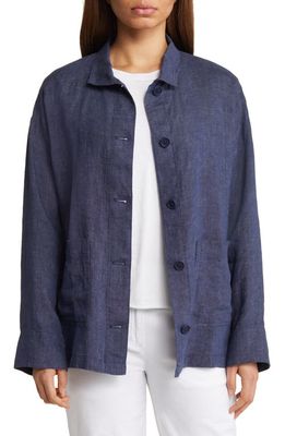 Eileen Fisher Stand Collar Organic Linen Long Jacket in Dusk