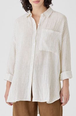 Eileen Fisher Stripe Classic Collar Organic Linen Button-Up Shirt in White/Bronze