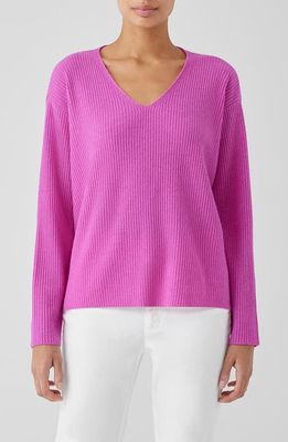 Eileen Fisher V-Neck Cashmere Rib Pullover Sweater in Tulip