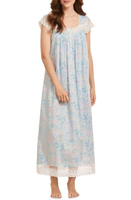 Eileen West Cotton Lawn Ballet Nightgown in White/Teal Watercolor