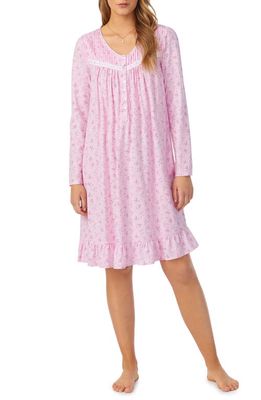 Eileen West Floral Lace Trim Long Sleeve Cotton Nightgown in Pink Print