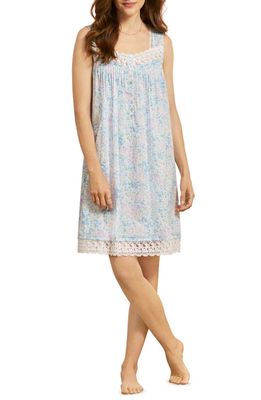 Eileen West Floral Print Lace Trim Cotton Lawn Chemise in White/Teal Watercolor
