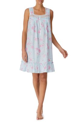 Eileen West Floral Print Sleeveless Short Cotton Nightgown in Aqua