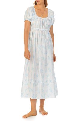 Eileen West Lace Trim Cotton Lawn Ballet Nightgown in White Floral Stripe