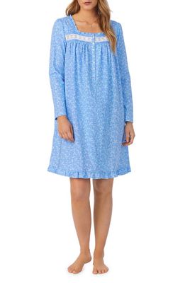 Eileen West Long Sleeve Cotton Short Nightgown in Blue/Floral