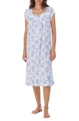 Eileen West Waltz Floral Print Lace Trim Cotton & Modal Nightgown in Wht/bluflr