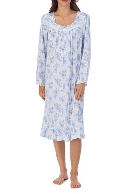 Eileen West Waltz Floral Print Lace Trim Long Sleeve Cotton & Modal Nightgown in Wht/bluflr