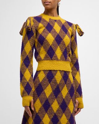 EKD Check Knit Tassel-Shoulder Crop Sweater