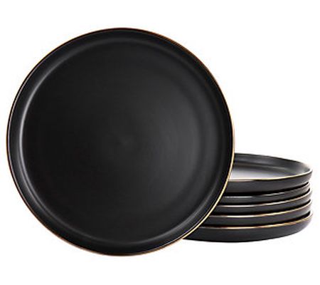 Elama 6-Pc Stoneware Matte Dinner Plate Set wit h Gold Rim