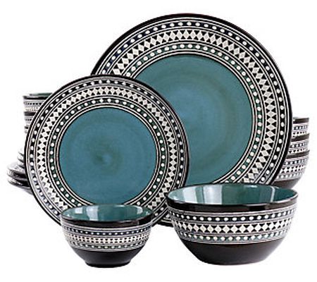 Elama Blue Sage 16-Piece Double Bowl Stoneware Dinnerware Set