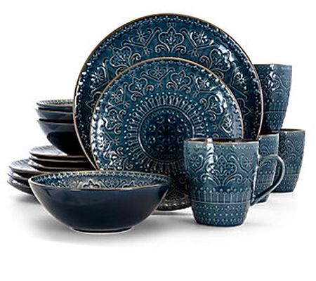 Elama Deep Sea Mozaic 16-Piece Round Stoneware Dinnerware Set
