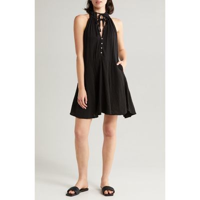 Elan Button Front Cotton Cover-Up Minidress in Black 