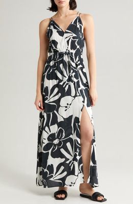 Elan Cover-Up Maxi Dress in Black Hibiscus 