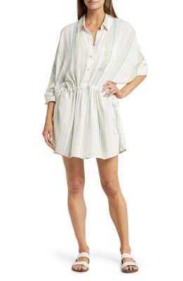 Elan Dobby Stripe Long Sleeve Cover-Up Shirtdress in White/Aqua Stripe