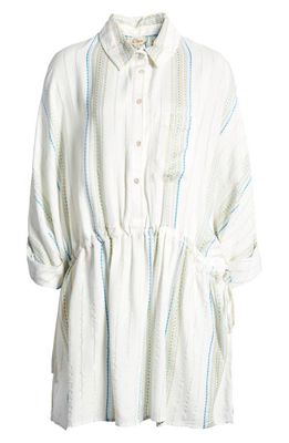 Elan Embroidered Long Sleeve Cover-Up Shirtdress in White/Aqua Stripe