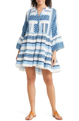 Elan Geometric Print Tiered Cotton Cover-Up Dress in White/Royal