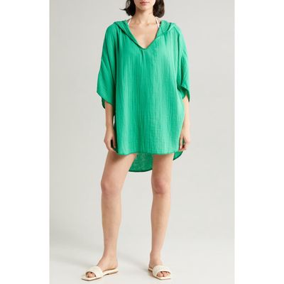 Elan Hooded Cotton Cover-Up Tunic in Green Bright 