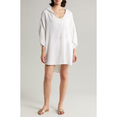 Elan Hooded Cotton Cover-Up Tunic in White 