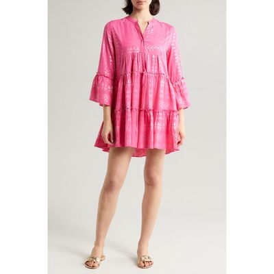 Elan Metallic Bell Sleeve Cover-Up Dress in Pink/Silver 