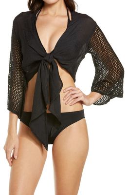Elan Open Stitch Accent Tie Front Cover-Up Top in Black