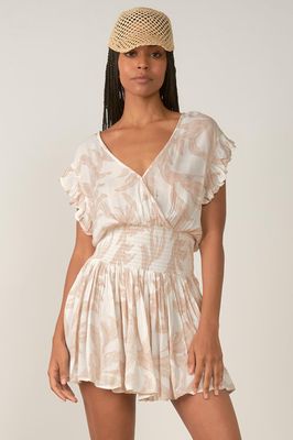Elan Palm Print Smocked Waist Dress in Cream Taupe Mono Leaf