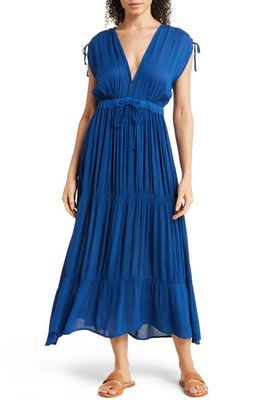 Elan Ruched Shoulder Tiered Cover-Up Maxi Dress in Royal