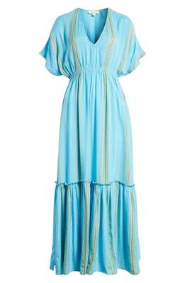 Elan Ruffle Cover-Up Maxi Dress in Aqua/Lime Stripe