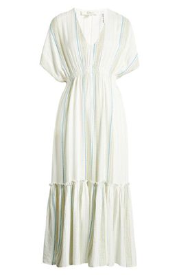 Elan Ruffle Cover-Up Maxi Dress in White/Aqua Stripe