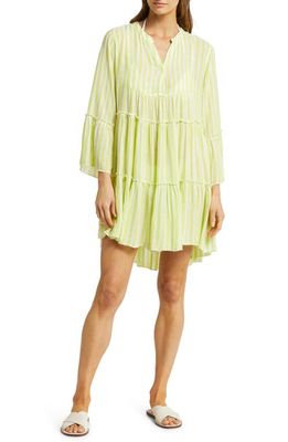 Elan Ruffle Stripe Long Sleeve Cover-Up Dress in Celery Stripe