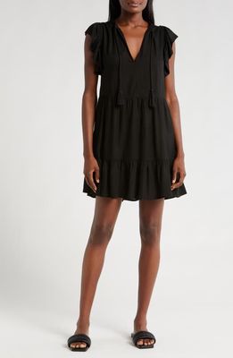 Elan Split Neck Ruffle Sleeve Cover-Up Dress in Black 