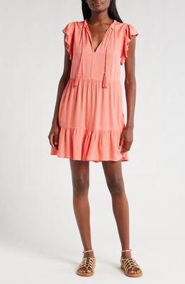 Elan Split Neck Ruffle Sleeve Cover-Up Dress in Coral 