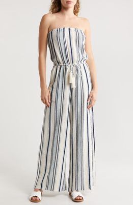 Elan Stripe Strapless Wide Leg Cover-Up Jumpsuit in Natural/Blue Stripe