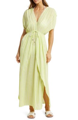 Elan Wrap Maxi Cover-Up Dress in Celery Stripe