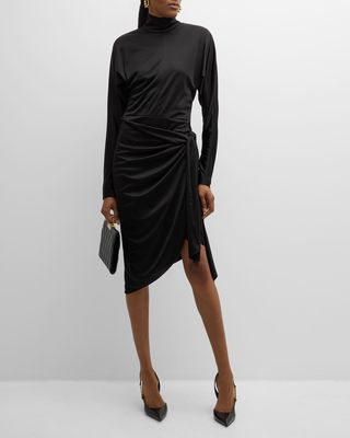 Elana Draped Wrap-Waist Long-Sleeve Dress