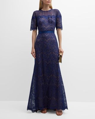 Elbow-Sleeve A-Line Lace Gown