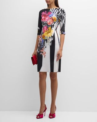 Elbow-Sleeve Floral-Print A-Line Midi Dress