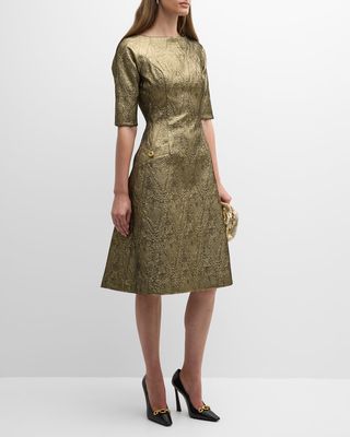 Elbow-Sleeve Metallic Jacquard Midi Dress