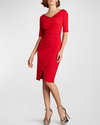 Elbow-Sleeve Ruched Crepe Midi Dress