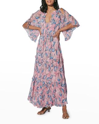 Elena Belted Angel-Sleeve Floral Maxi Dress