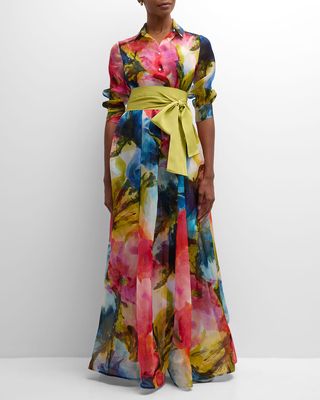 Elenat Belted Watercolor-Print Shirt Gown