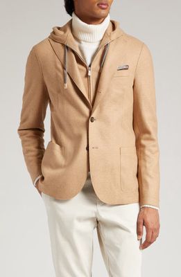 Eleventy Brushed Jersey Sport Coat with Removable Hooded Bib in Dark Camel