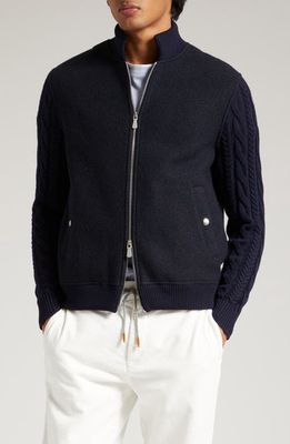 Eleventy Cable Stitch Sleeve Boiled Wool Bomber Jacket in Royal Blue-Blue